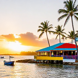 Caribbean Holidays, December Instagram Hotspots, Colourful Caribbean beach bars and waterfront in Union Island at sunset, palm trees, small boats and warm orange light