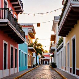 Caribbean Holidays, December Instagram Hotspots, Colourful colonial streets in Old San Juan, Puerto Rico, decorated with subtle Christmas lights under warm December sunshine