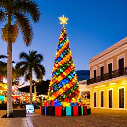 Caribbean Holidays, December Instagram Hotspots, Colourful Puerto Rican Christmas decorations and festive lights in a lively plaza in San Juan at dusk