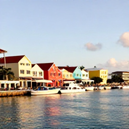 Caribbean Holidays, December Instagram Hotspots, Colourful waterfront buildings and boats along the boardwalk at Marigot, Saint Martin, photographed in warm December light