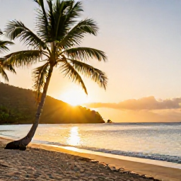 Caribbean Holidays, December Instagram Hotspots, Golden sunrise over a quiet Caribbean beach on Saint Vincent, palm trees, calm turquoise water and soft December light