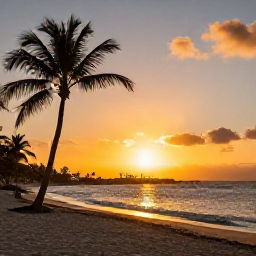 Caribbean Holidays, December Instagram Hotspots, Golden sunset over the Caribbean from a beach in Saint Martin, with silhouettes of palm trees and gentle waves