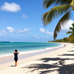 Caribbean Holidays, December Instagram Hotspots, Palm-fringed beach in Puerto Rico with turquoise water, pale sand and a traveller taking photographs in gentle December sunshine
