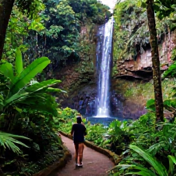 Caribbean Holidays, December Instagram Hotspots, Waterfall and lush tropical forest in El Yunque National Forest, Puerto Rico, with a visitor on a scenic trail in December