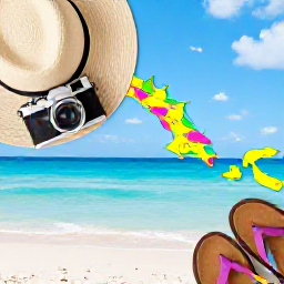 Caribbean Holidays, December Instagram Spots, A stylish travel flat lay with a camera, sun hat, sandals and colourful Caribbean map beside a bright British Virgin Islands beach