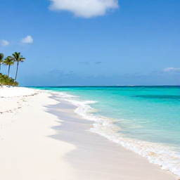 Caribbean Holidays, December Instagram Spots, A wide-angle photograph of Grace Bay Beach in December, bright turquoise water, white sand, gentle sunshine, and a few elegant palm trees