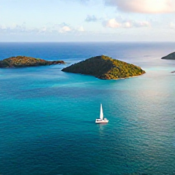 Caribbean Holidays, December Instagram Spots, Aerial photograph of turquoise Caribbean water, green islands and a white sailing yacht near the British Virgin Islands in warm December sunshine