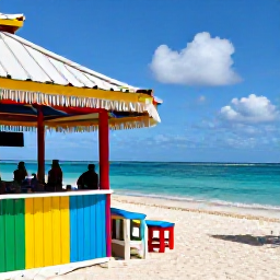 Caribbean Holidays, December Instagram Spots, Colourful beach bars and calm turquoise sea at South Frigate Bay, Saint Kitts, in warm December sunshine
