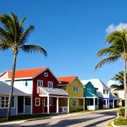 Caribbean Holidays, December Instagram Spots, Colourful Caribbean buildings and palm trees at Saltmills Plaza in Grace Bay, Turks and Caicos, during a sunny December afternoon