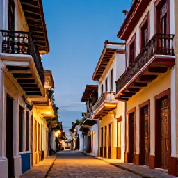 Caribbean Holidays, December Instagram Spots, Colourful colonial street in Santo Domingo's Zona Colonial during December, historic buildings, balconies and warm evening light