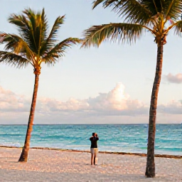Caribbean Holidays, December Instagram Spots, Golden-hour beach scene at Punta Cana in December, palm trees, turquoise Caribbean water and a traveller taking photographs