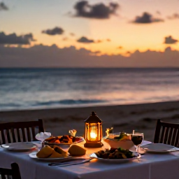 Caribbean Holidays, December Island Hopping, A relaxed Caribbean sunset dinner with local food, soft lantern light and the sea beyond, representing a December island holiday