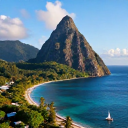 Caribbean Holidays, December Island Hopping, Aerial view of Saint Lucia's Pitons, turquoise sea, lush green coastline and a small sailing boat in warm December sunshine