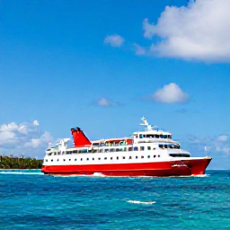 Caribbean Holidays, December Island Hopping, Colourful Caribbean ferry and small boats travelling between tropical islands beneath a bright blue sky
