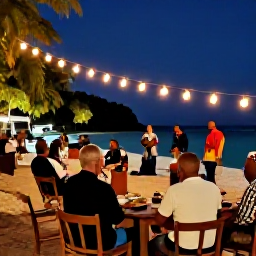 Caribbean Holidays, December Island Hopping, Festive Caribbean evening with lanterns, local food, music and people enjoying a relaxed beachside celebration in December