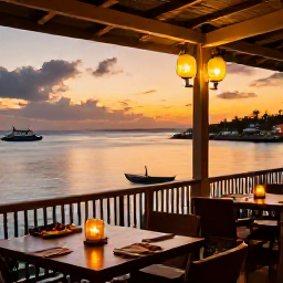 Caribbean Holidays, December Island Hopping, Relaxed Caribbean waterfront restaurant at sunset in the Grenadines, with fresh seafood, lanterns and boats in the harbour