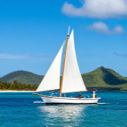 Caribbean Holidays, December Island Hopping, Traditional sailing boat travelling between the Grenadine islands, with calm turquoise water, green hills and a clear Caribbean sky
