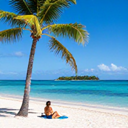 Caribbean Holidays, December Island Hopping, Traveller relaxing on a sandy Caribbean beach with palm trees, calm turquoise water and a small island visible offshore