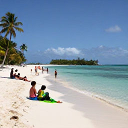 Caribbean Holidays, December Island Hopping, Visitors relaxing on a tropical Caribbean beach in December, with clear water, palm trees and a small island in the background