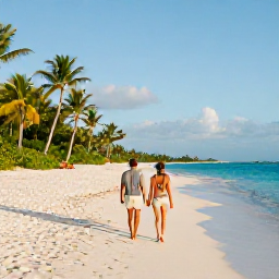 Caribbean Holidays, December Luxury, A couple walking along a quiet white-sand beach in Turks and Caicos during a warm December morning, with turquoise sea and palm trees
