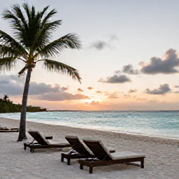 Caribbean Holidays, December Luxury, A luxurious beachfront resort on Grace Bay Beach in Turks and Caicos at sunset, with calm turquoise water and elegant loungers
