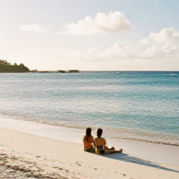 Caribbean Holidays, December Luxury, Couple relaxing on a quiet Caribbean beach in Saint Martin, clear water, white sand and gentle morning sunlight