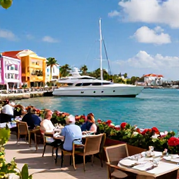 Caribbean Holidays, December Luxury, Elegant Gustavia harbour with luxury yachts, colourful buildings and visitors dining outdoors in December sunshine