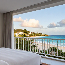 Caribbean Holidays, December Luxury, Elegant luxury hotel suite with balcony overlooking a Caribbean beach in Saint Martin, soft morning light and tropical scenery