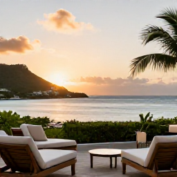 Caribbean Holidays, December Luxury, Luxury beachfront hotel terrace overlooking a calm Caribbean sea in Saint Barth&eacute;lemy at sunset