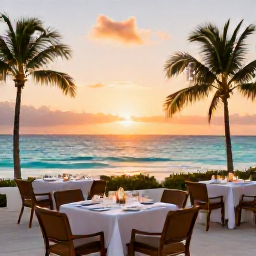 Caribbean Holidays, December Luxury, Luxury beachfront resort in Saint Martin and Sint Maarten at sunset, turquoise sea, palm trees and elegant outdoor dining