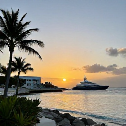 Caribbean Holidays, December Luxury, Luxury Caribbean holiday scene in Saint Martin and Sint Maarten with yacht, palm-lined coast and glowing sunset