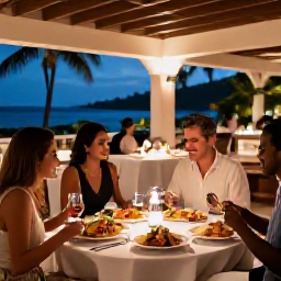 Caribbean Holidays, December Luxury, Sophisticated Caribbean restaurant in Grand Case, beautifully presented seafood dinner, warm evening lighting and relaxed diners