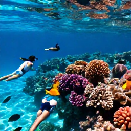 Caribbean Holidays, December Luxury, Visitors snorkelling over a colourful coral reef in the clear shallow waters of Turks and Caicos, with tropical fish nearby