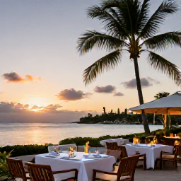 Caribbean Holidays, December Martinique, Adults-only beachfront resort in Martinique at sunset, with calm Caribbean water, palm trees and elegant outdoor seating