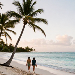 Caribbean Holidays, December Martinique, Couple walking along a palm-fringed Martinique beach in December, with turquoise water and soft morning light