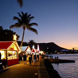 Caribbean Holidays, December Martinique, Martinique Christmas market and gently lit waterfront in December, with tropical palms and festive decorations