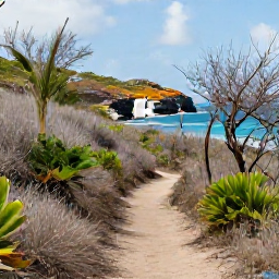 Caribbean Holidays, December Nature, A scenic walking trail through dry tropical vegetation towards a rocky coastline on Saint Barth&eacute;lemy