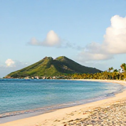 Caribbean Holidays, December Nature Holidays, A bright December morning on a quiet Caribbean beach in Saint Martin, with calm turquoise water, green hills and a few palm trees