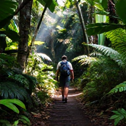 Caribbean Holidays, December Nature Holidays, A hiker walking through a lush Caribbean rainforest on a marked trail, with tropical plants, ferns and shafts of sunlight