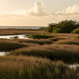 Caribbean Holidays, December Nature Holidays, A peaceful wetland and mangrove landscape on Sint Maarten with native birds, reeds, warm sunlight and a distant Caribbean shoreline