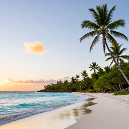 Caribbean Holidays, December Nature Holidays, A quiet Caribbean beach at sunrise in December, with palm trees, clear turquoise water and lush green vegetation