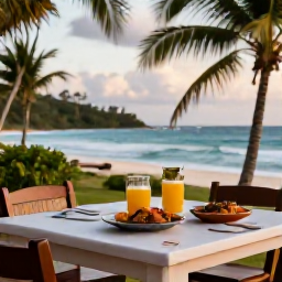 Caribbean Holidays, December Nature Holidays, A relaxed outdoor table at a small Caribbean restaurant near the sea in December, with local food, soft evening light and tropical surroundings