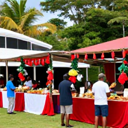 Caribbean Holidays, December Nature Holidays, A relaxed Saint Lucia Christmas scene with local decorations, colourful market stalls and people enjoying island food outdoors