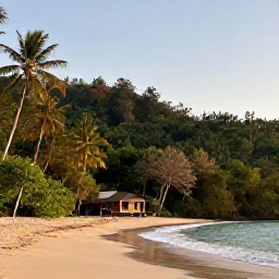 Caribbean Holidays, December Nature Holidays, A scenic Caribbean coastal nature reserve at golden hour, with a quiet beach, forested hills and a small eco lodge