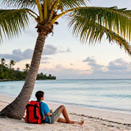 Caribbean Holidays, December Nature Holidays, A traveller relaxing beside a peaceful Caribbean beach after a nature excursion, with a daypack, palms and calm evening light
