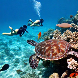 Caribbean Holidays, December Nature Holidays, Colourful Caribbean coral reef seen from above clear shallow water, with snorkellers observing tropical fish and sea turtles