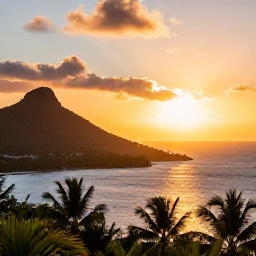 Caribbean Holidays, December Nature Holidays, Golden sunset over the Caribbean Sea with Saint Kitts hills and palm trees in the foreground