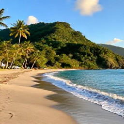 Caribbean Holidays, December Nature Holidays, Quiet black-sand beach on Saint Vincent with calm turquoise sea, palm trees and lush green hills under warm December sunshine