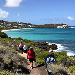 Caribbean Holidays, December Nature Holidays, Visitors walking along a scenic coastal trail above the clear Caribbean sea on Saint Martin, with scrubland, rocks and distant bays