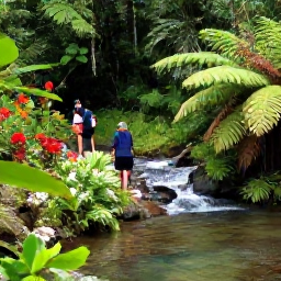 Caribbean Holidays, December Nature Holidays, Visitors walking through a tropical Saint Lucia rainforest beside a clear stream, surrounded by ferns and colourful flowers